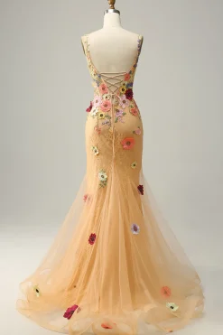Sereia Gola em V Champanhe Vestido de Festa com Apliques