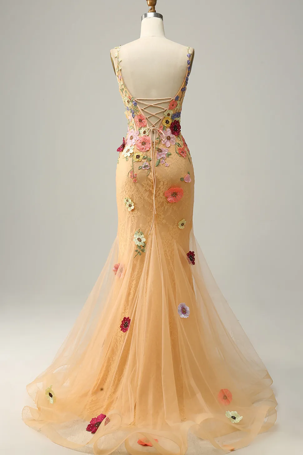 Sereia Gola em V Champanhe Vestido de Festa com Apliques