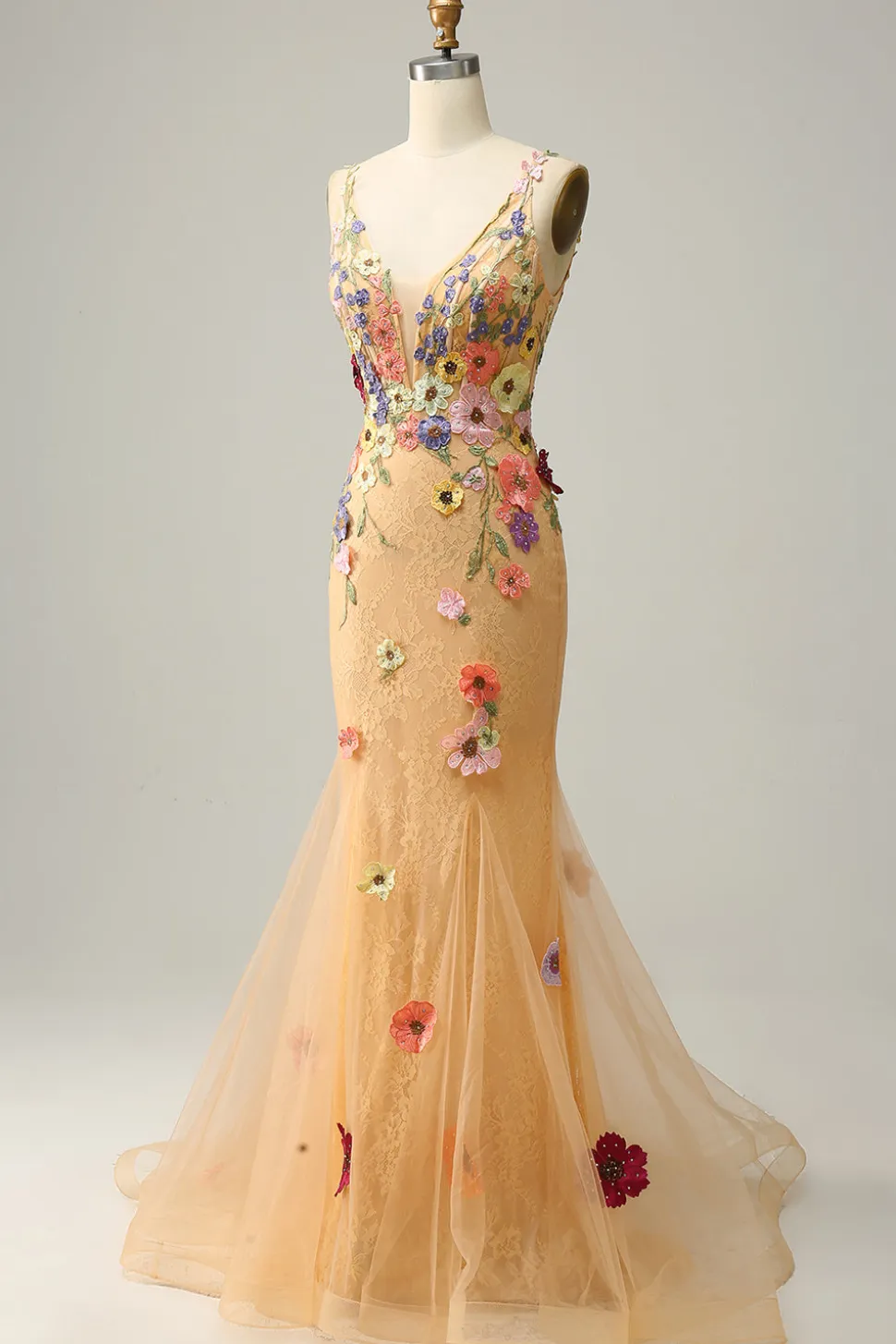 Sereia Gola em V Champanhe Vestido de Festa com Apliques