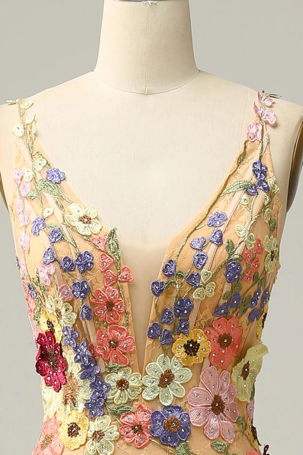 Sereia Gola em V Champanhe Vestido de Festa com Apliques