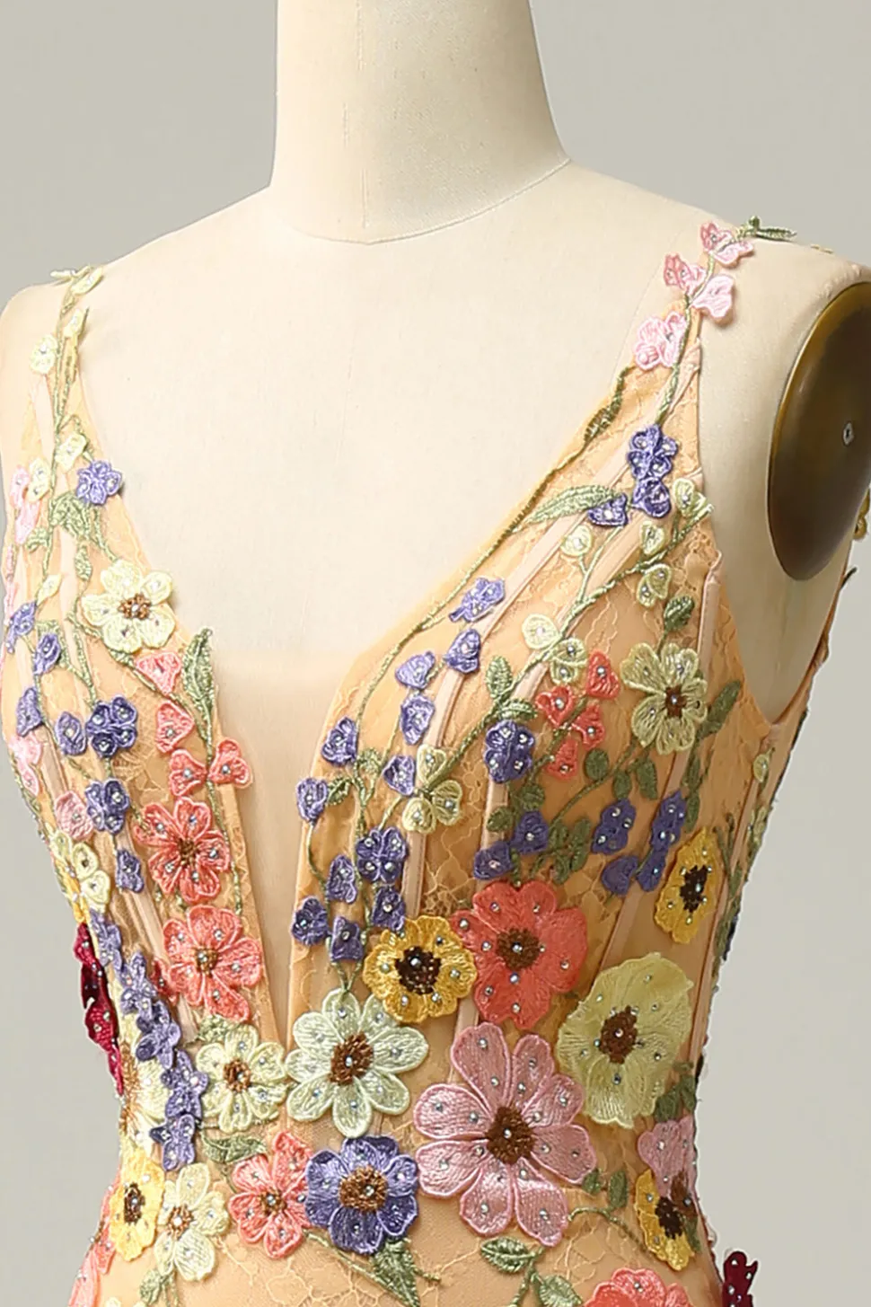 Sereia Gola em V Champanhe Vestido de Festa com Apliques
