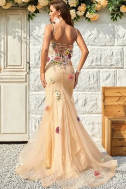 Sereia Gola em V Champanhe Vestido de Cerimónia