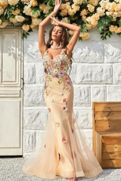 Sereia Gola em V Champanhe Vestido de Cerimónia
