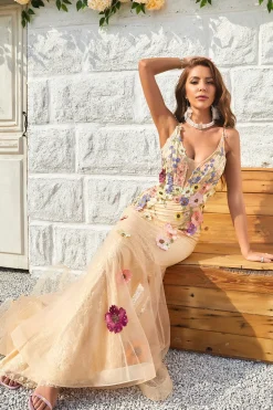 Sereia Gola em V Champanhe Vestido de Cerimónia