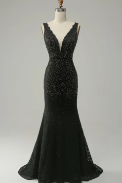 Sereia Gola em V Preto Vestido de Festa