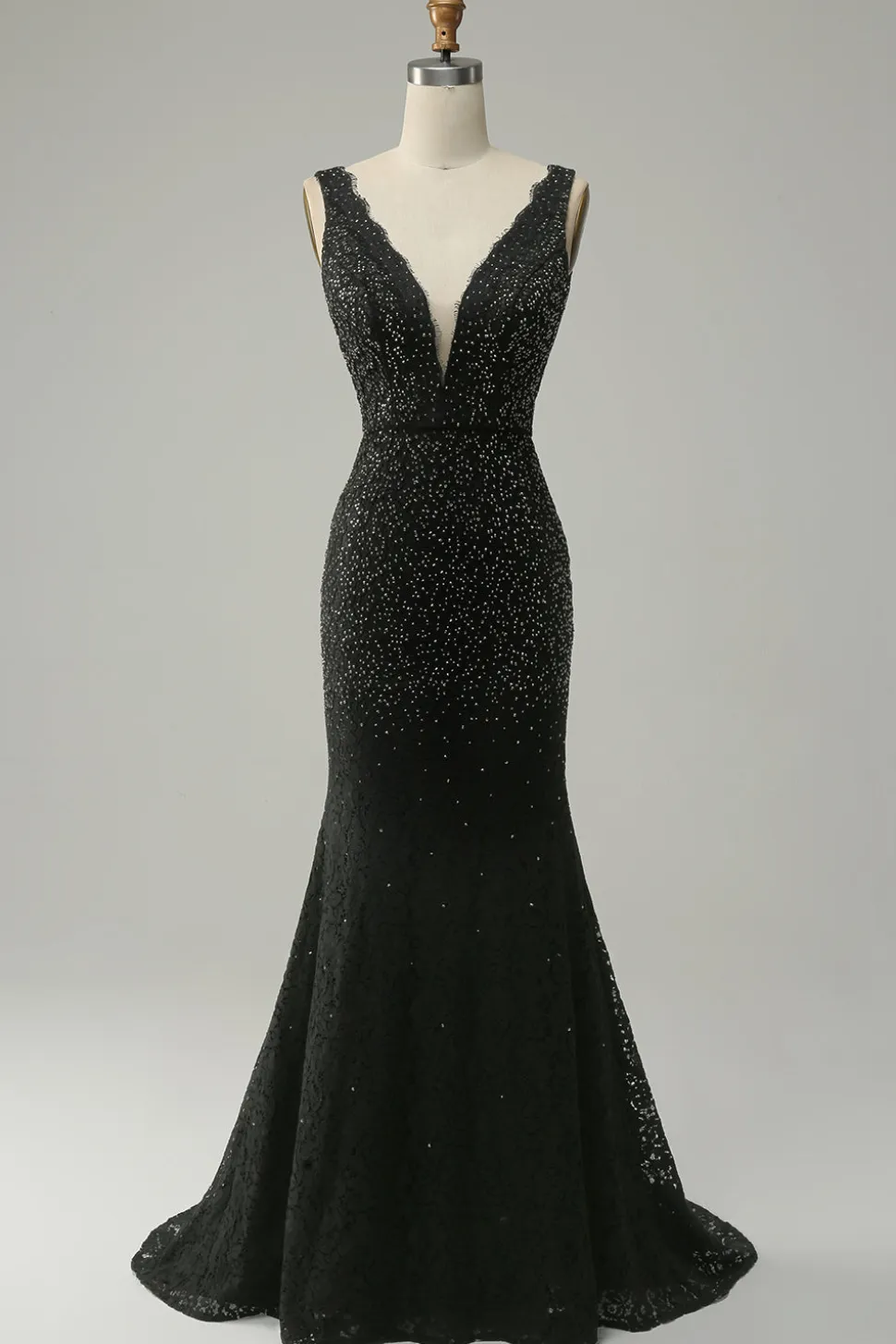 Sereia Gola em V Preto Vestido de Festa