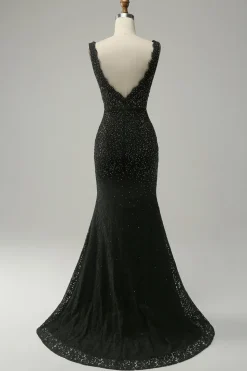 Sereia Gola em V Preto Vestido de Festa