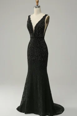 Sereia Gola em V Preto Vestido de Festa