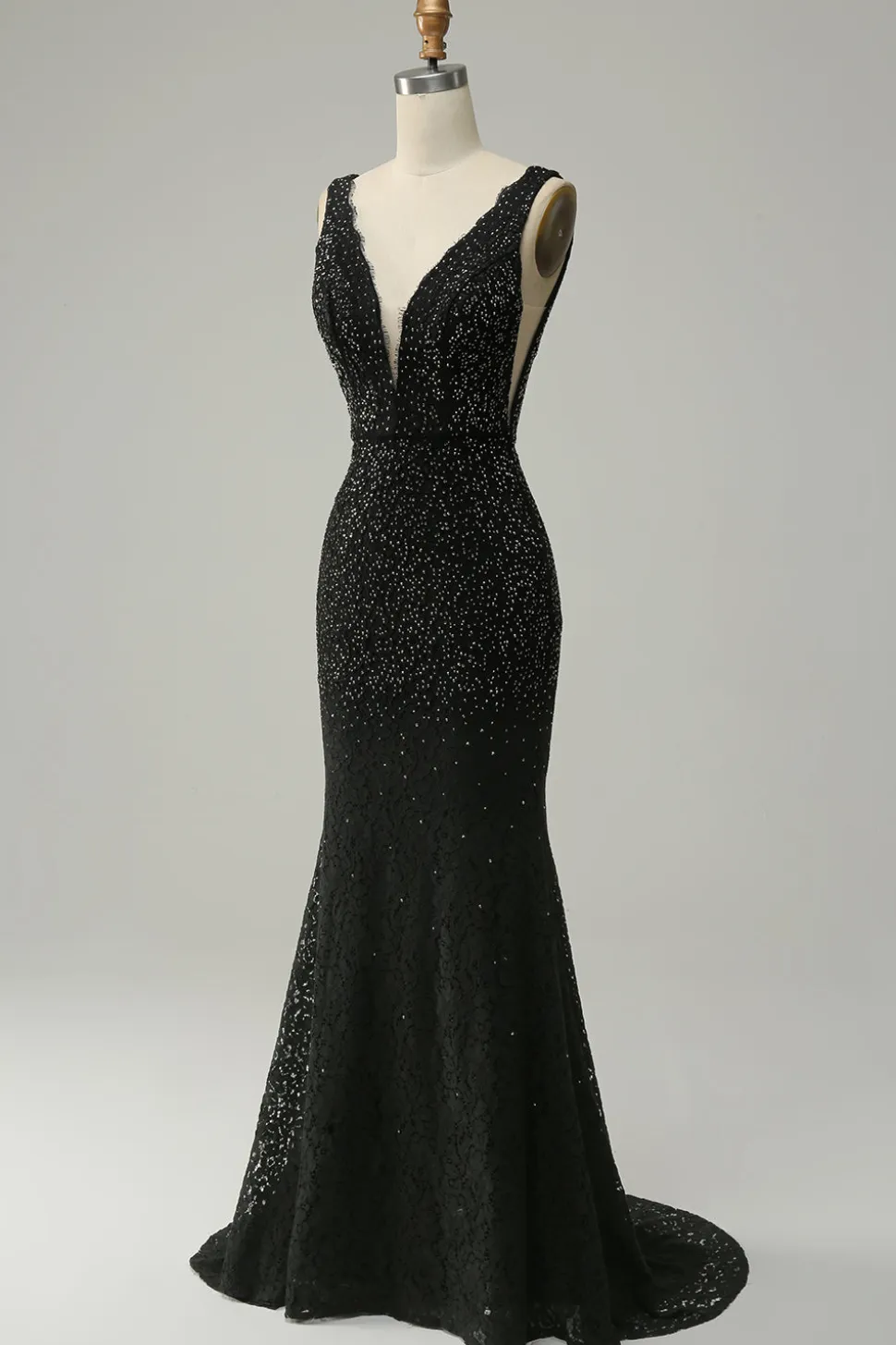 Sereia Gola em V Preto Vestido de Festa