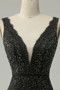 Sereia Gola em V Preto Vestido de Festa