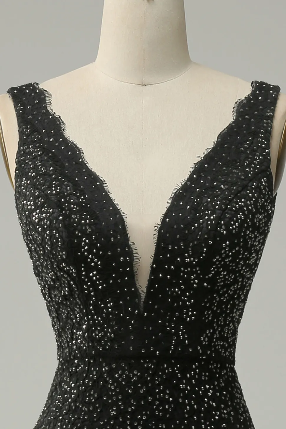 Sereia Gola em V Preto Vestido de Festa