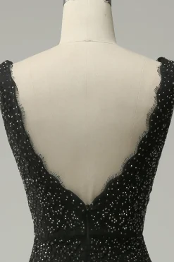 Sereia Gola em V Preto Vestido de Festa