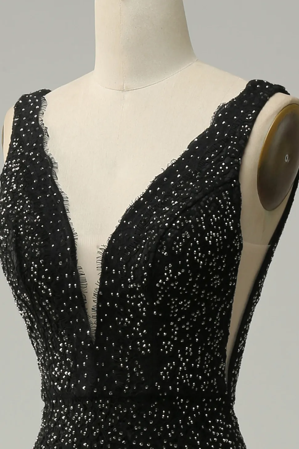 Sereia Gola em V Preto Vestido de Festa