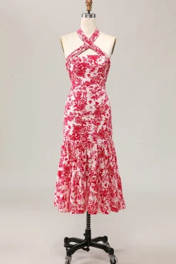 Sereia Halter Estampado Flor Vermelha Midi Vestido de Noiva Convidado