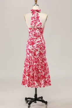 Sereia Halter Estampado Flor Vermelha Midi Vestido de Noiva Convidado