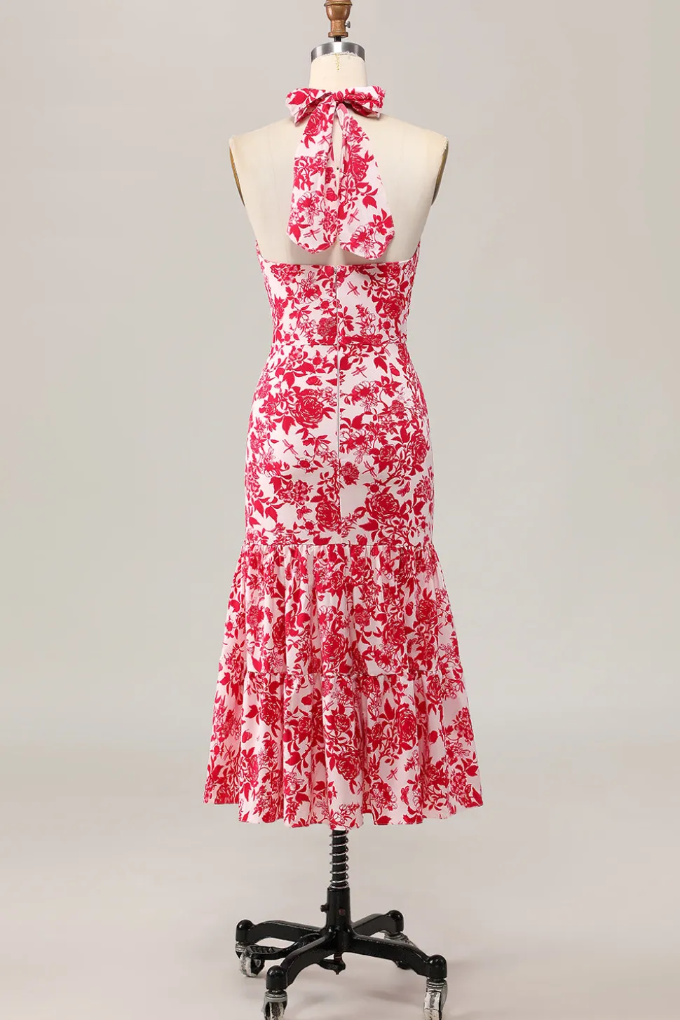 Sereia Halter Estampado Flor Vermelha Midi Vestido de Noiva Convidado