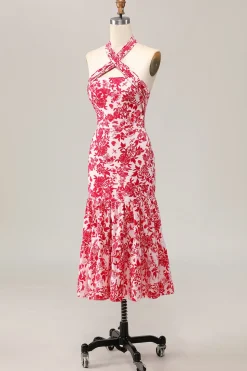 Sereia Halter Estampado Flor Vermelha Midi Vestido de Noiva Convidado