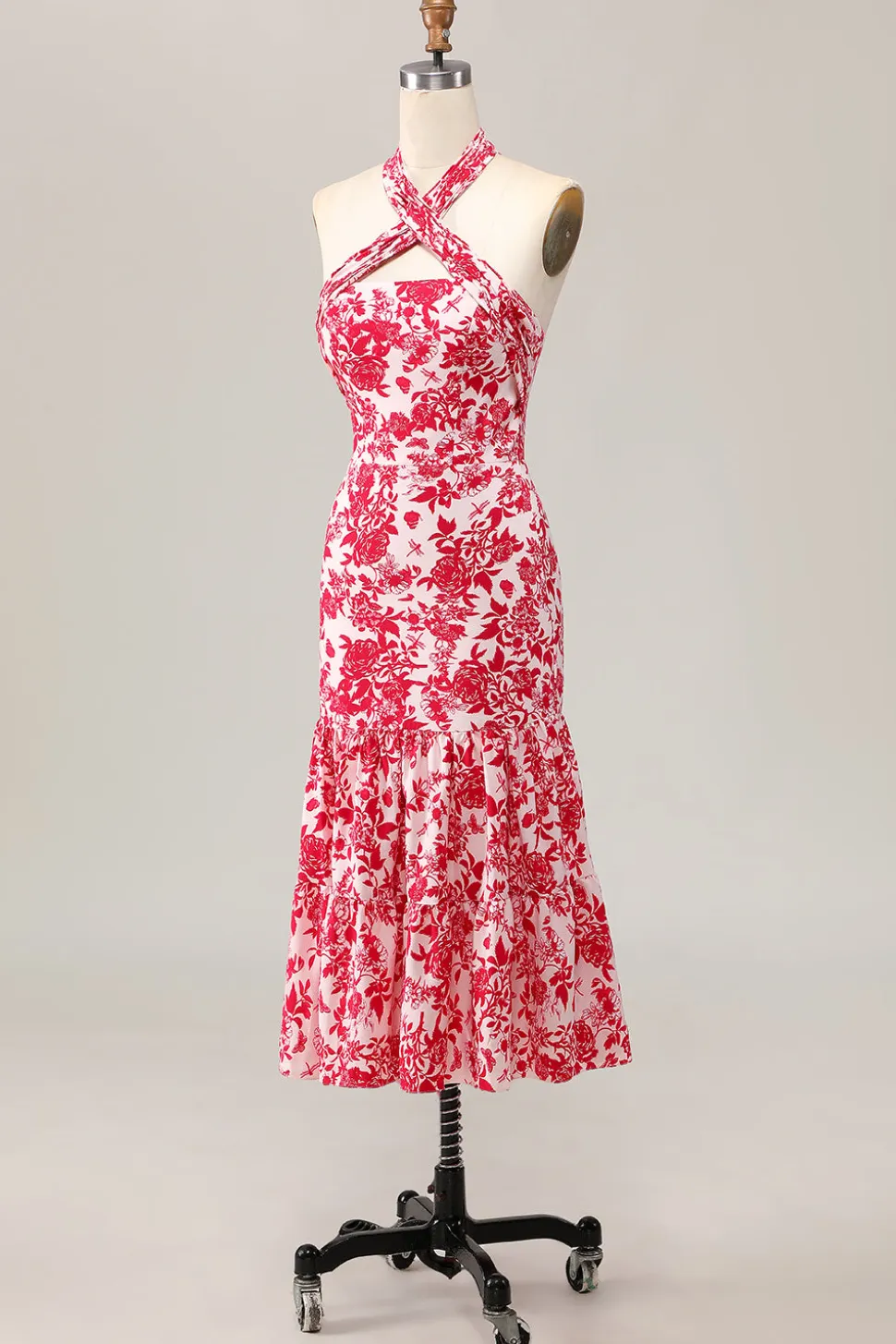 Sereia Halter Estampado Flor Vermelha Midi Vestido de Noiva Convidado