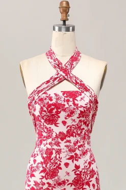 Sereia Halter Estampado Flor Vermelha Midi Vestido de Noiva Convidado