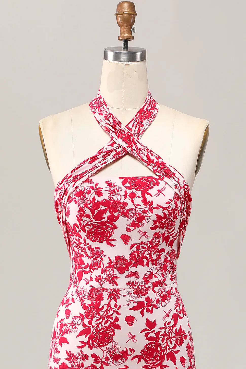 Sereia Halter Estampado Flor Vermelha Midi Vestido de Noiva Convidado