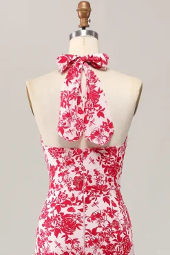 Sereia Halter Estampado Flor Vermelha Midi Vestido de Noiva Convidado