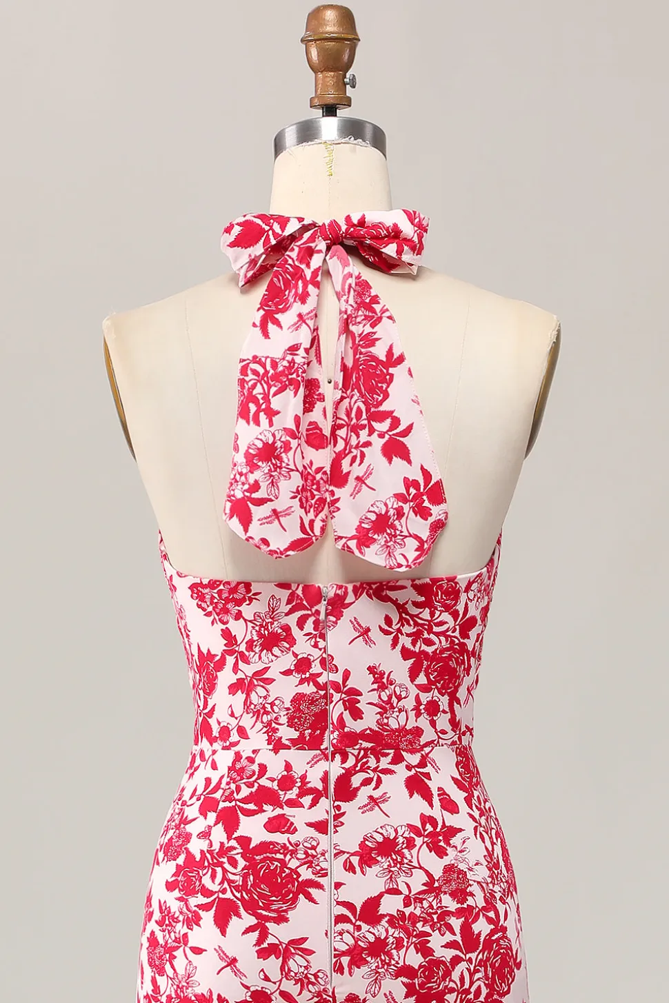 Sereia Halter Estampado Flor Vermelha Midi Vestido de Noiva Convidado