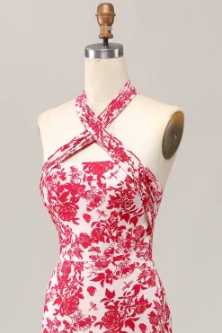Sereia Halter Estampado Flor Vermelha Midi Vestido de Noiva Convidado
