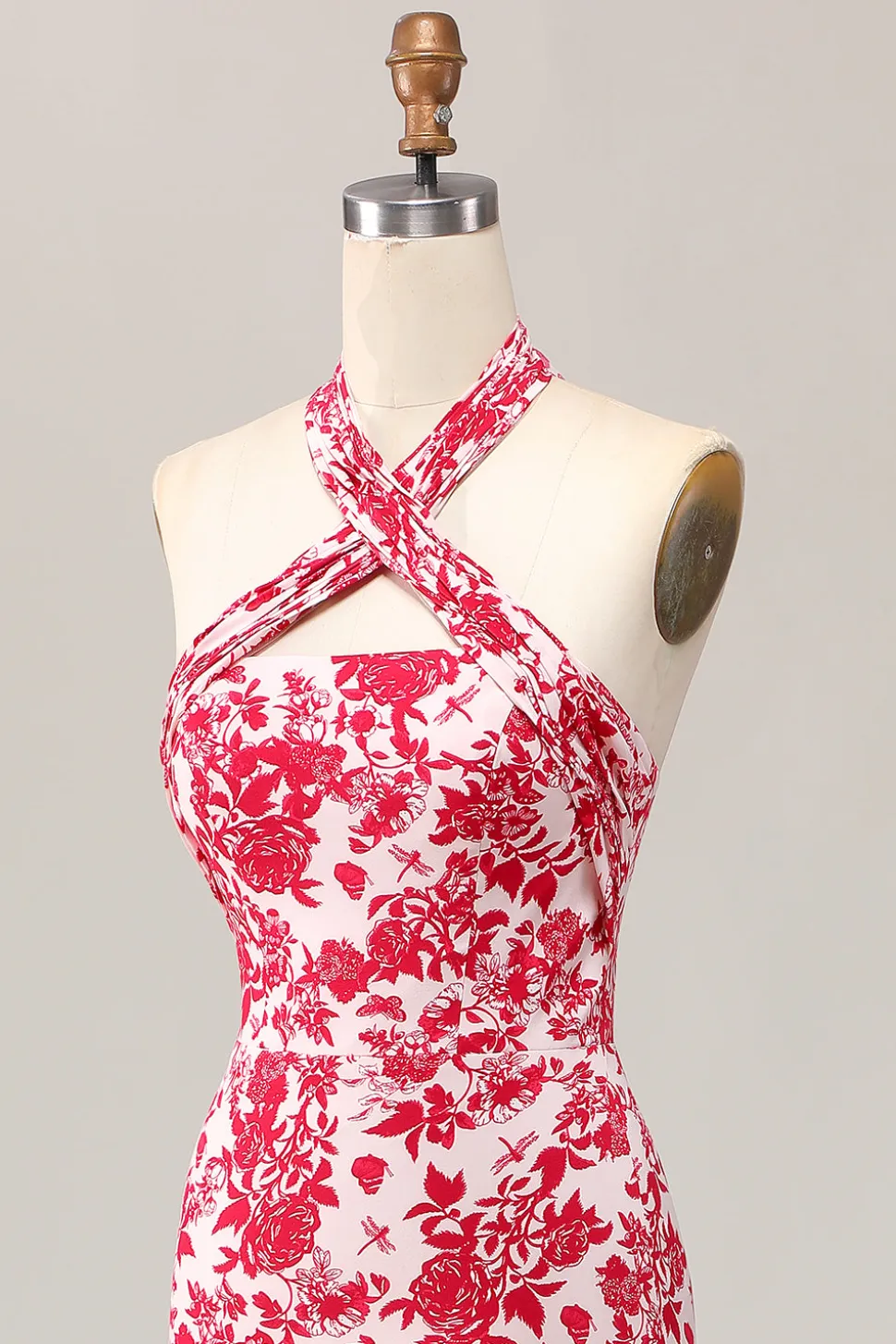 Sereia Halter Estampado Flor Vermelha Midi Vestido de Noiva Convidado