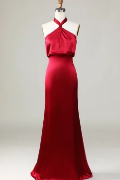 Sereia Halter Sem Mangas Borgonha Vestido de Dama de Honor