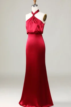 Sereia Halter Sem Mangas Borgonha Vestido de Dama de Honor