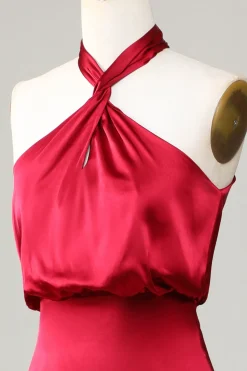 Sereia Halter Sem Mangas Borgonha Vestido de Dama de Honor