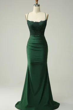 Sereia Halter Verde Escuro Vestido de Noite Com Apliques