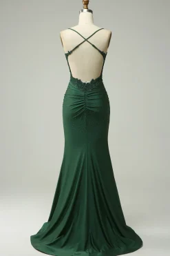 Sereia Halter Verde Escuro Vestido de Noite Com Apliques