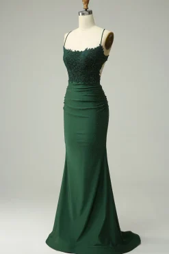 Sereia Halter Verde Escuro Vestido de Noite Com Apliques