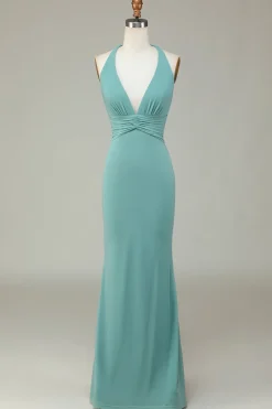 Sereia Halter Verde Vestido Longo Madrinha com decote em V