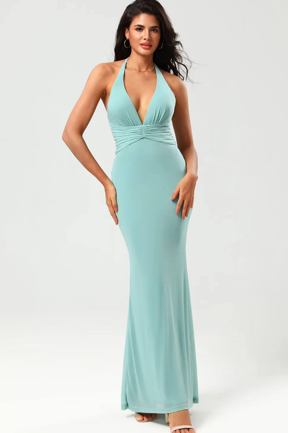 Sereia Halter Verde Vestido Longo Madrinha com decote em V