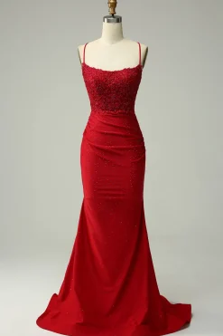 Sereia Halter Vestido Cerimónia com Apliques Vermelho Escuro