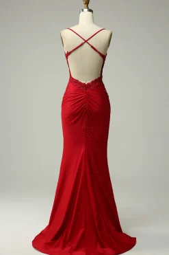 Sereia Halter Vestido Cerimónia com Apliques Vermelho Escuro