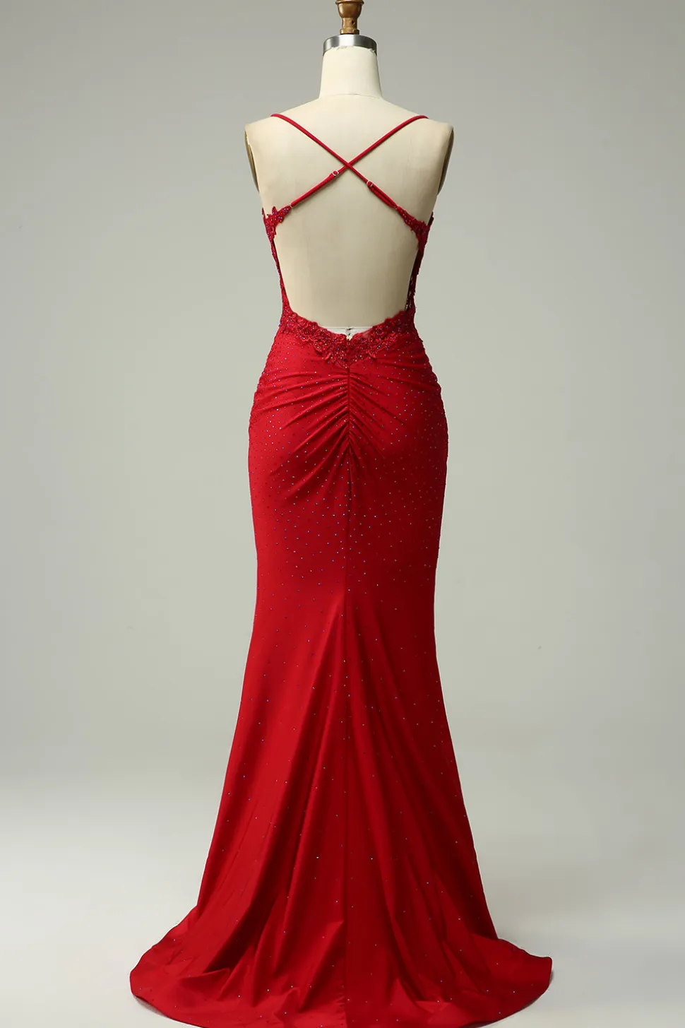 Sereia Halter Vestido Cerimónia com Apliques Vermelho Escuro
