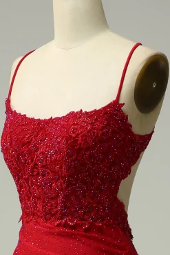 Sereia Halter Vestido Cerimónia com Apliques Vermelho Escuro
