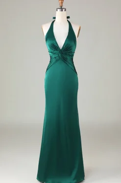 Sereia Halter Vestido de Madrinha Verde Escuro