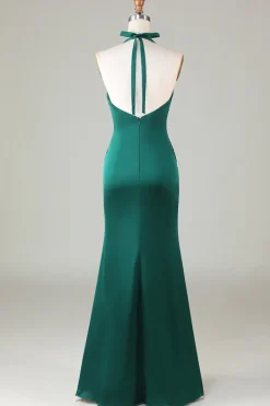 Sereia Halter Vestido de Madrinha Verde Escuro