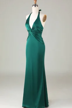 Sereia Halter Vestido de Madrinha Verde Escuro