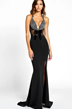 Sereia Halter vestido de gravata preta com fenda