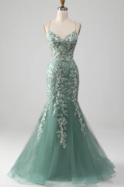 Sereia Lace-Up Back Light Verde Vestido de Baile com Apliques