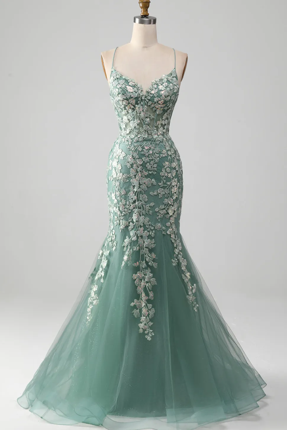 Sereia Lace-Up Back Light Verde Vestido de Baile com Apliques