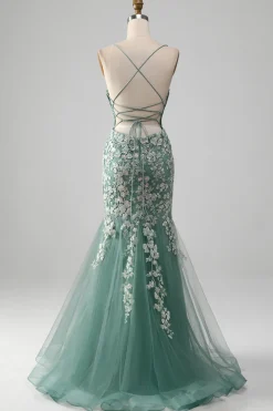 Sereia Lace-Up Back Light Verde Vestido de Baile com Apliques
