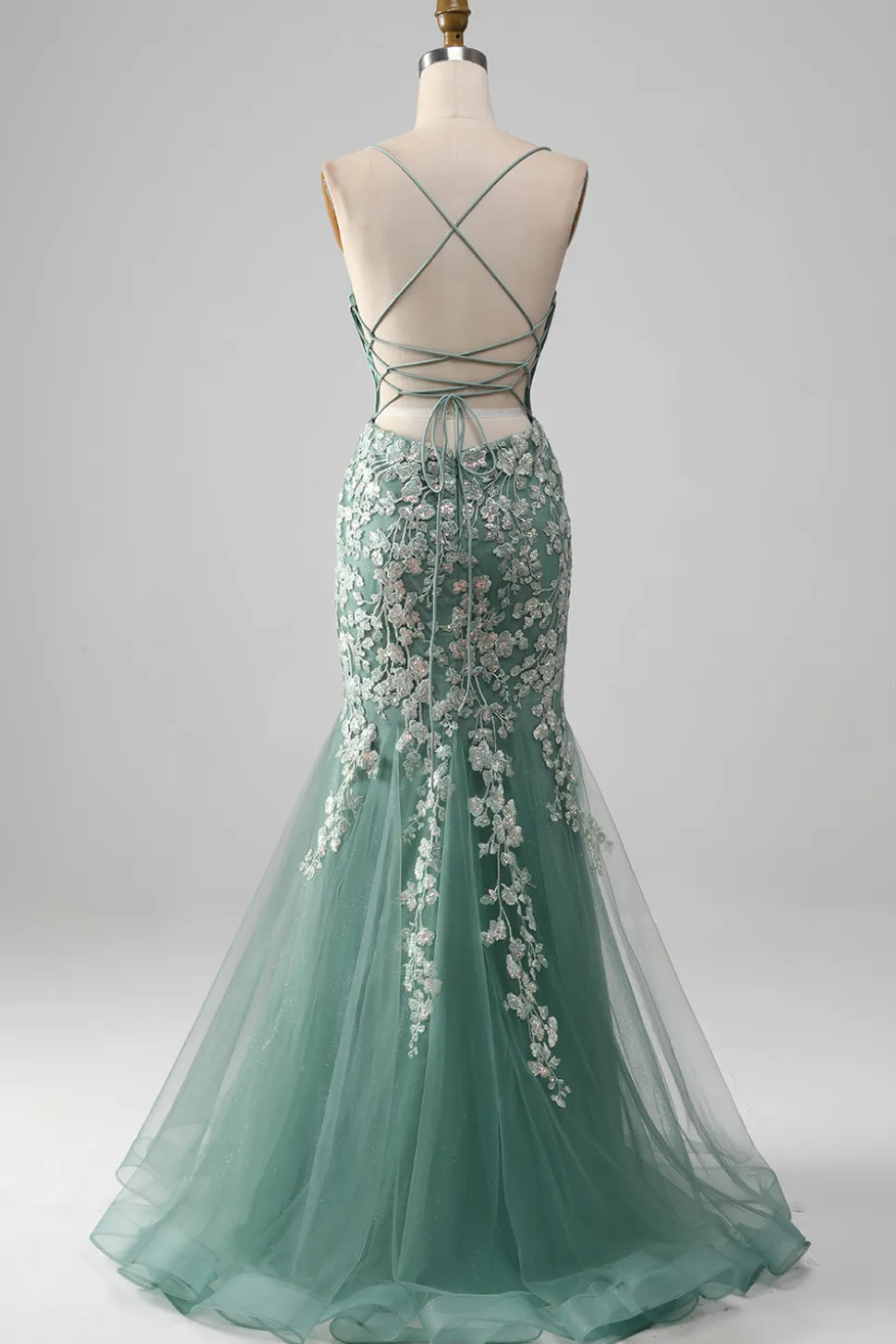 Sereia Lace-Up Back Light Verde Vestido de Baile com Apliques