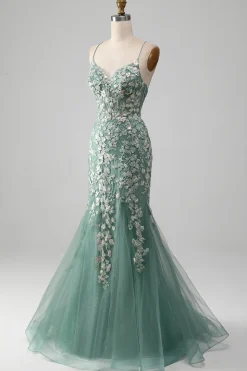 Sereia Lace-Up Back Light Verde Vestido de Baile com Apliques