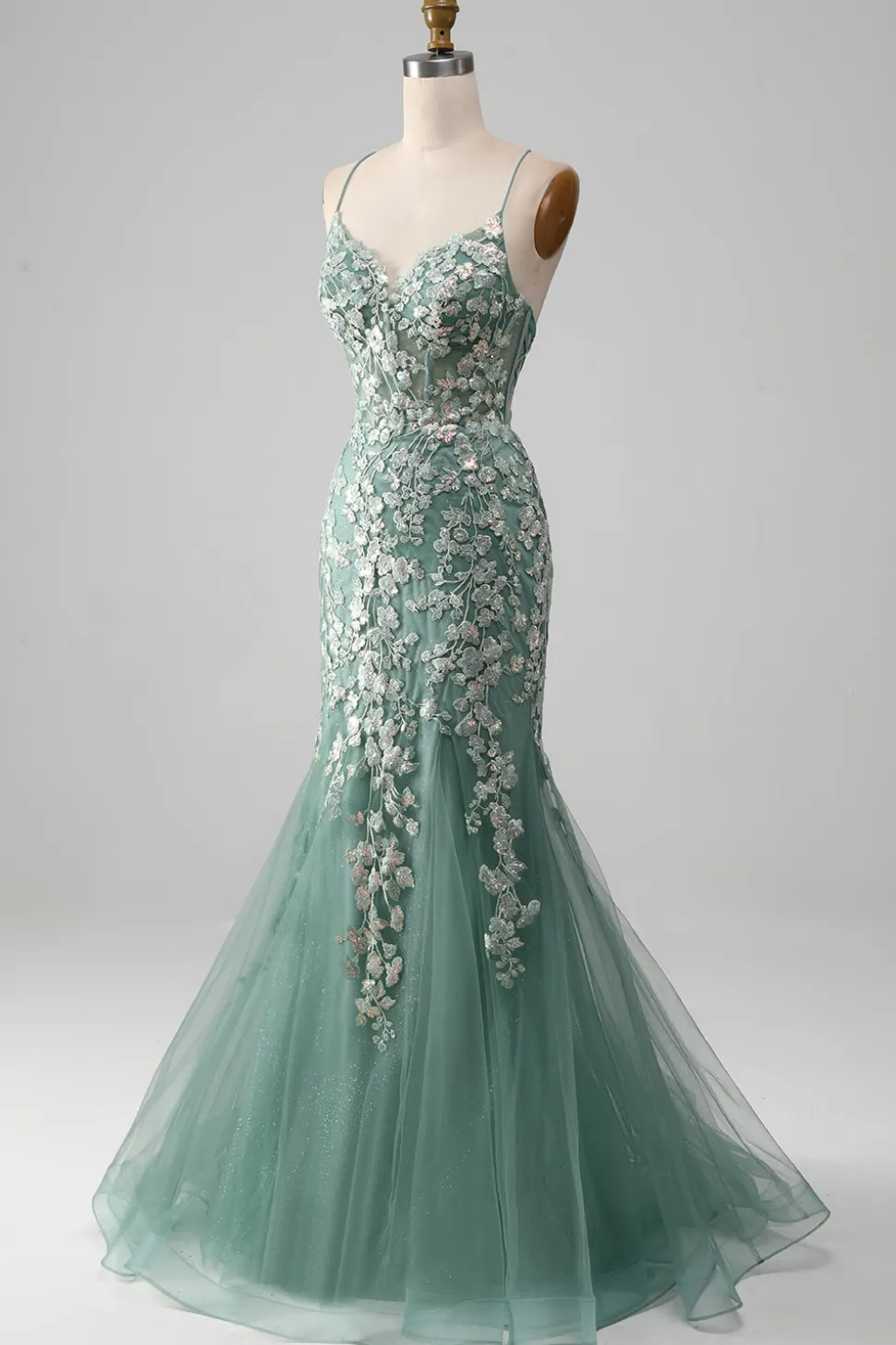 Sereia Lace-Up Back Light Verde Vestido de Baile com Apliques